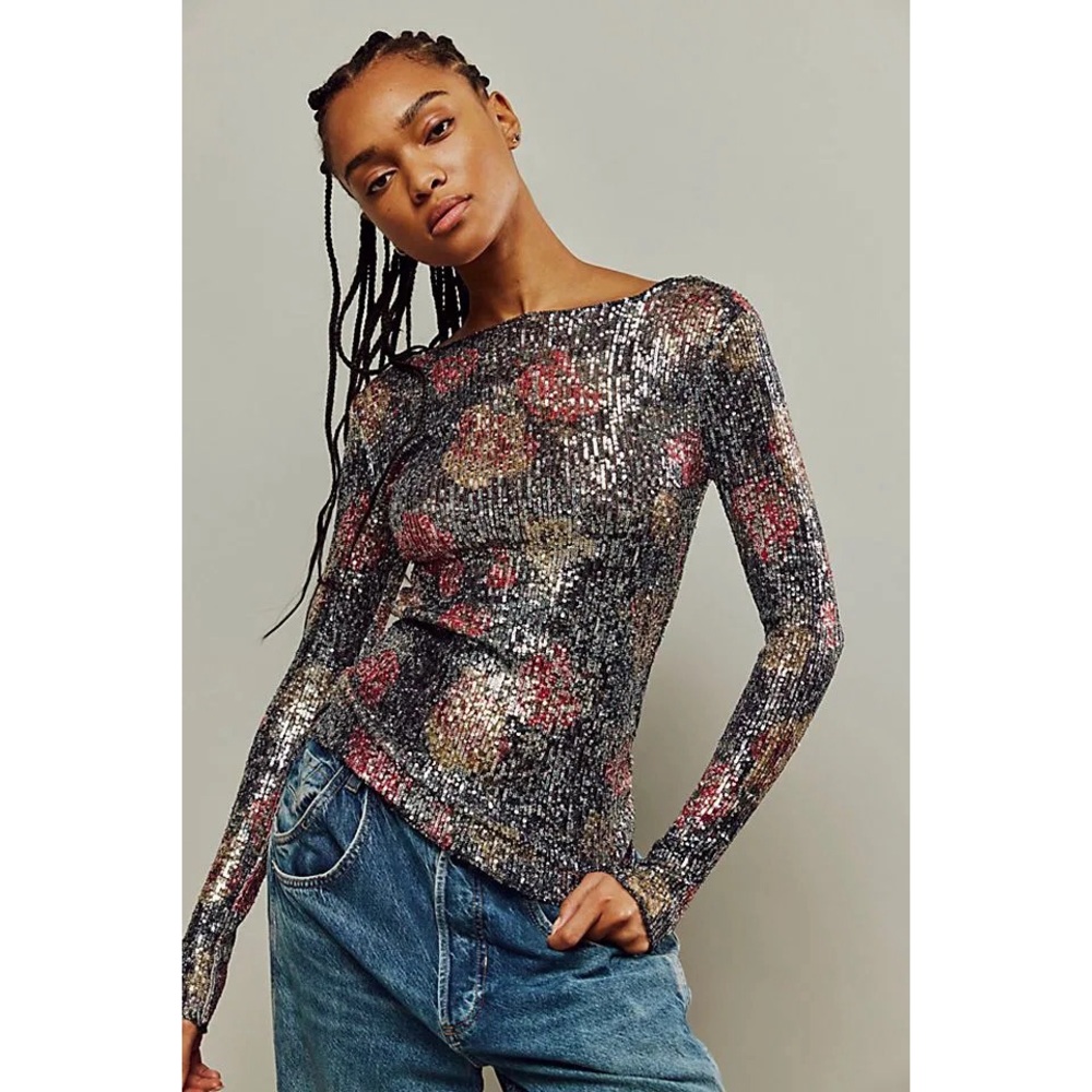 nwt free people intimately gold rush sequin long sleeve top black w pink yellow